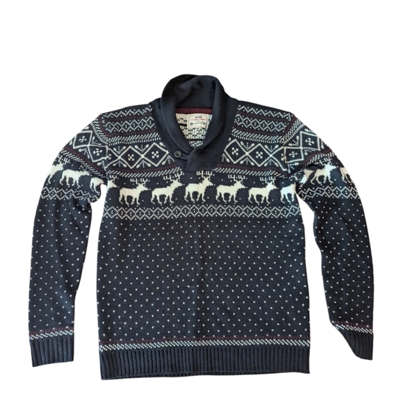 Navy Nordic print sweater Winter reindeer/ snowflake birdseye Apres Ski sz M - Picture 6 of 8
